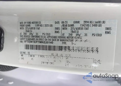 2021 Ford F-150 Lariat z USA, uszkodzony, nr VIN 1FTEW1EP7MKE20140